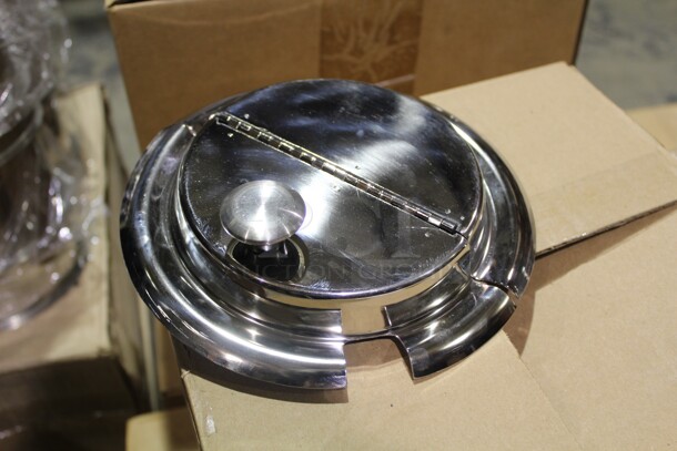 NEW! 8 Commercial Stainless Steel Soup/Chili Insert Covers With Ladle Cutout. 8x8x1.75  8X Your Bid! - Image 1 of 2