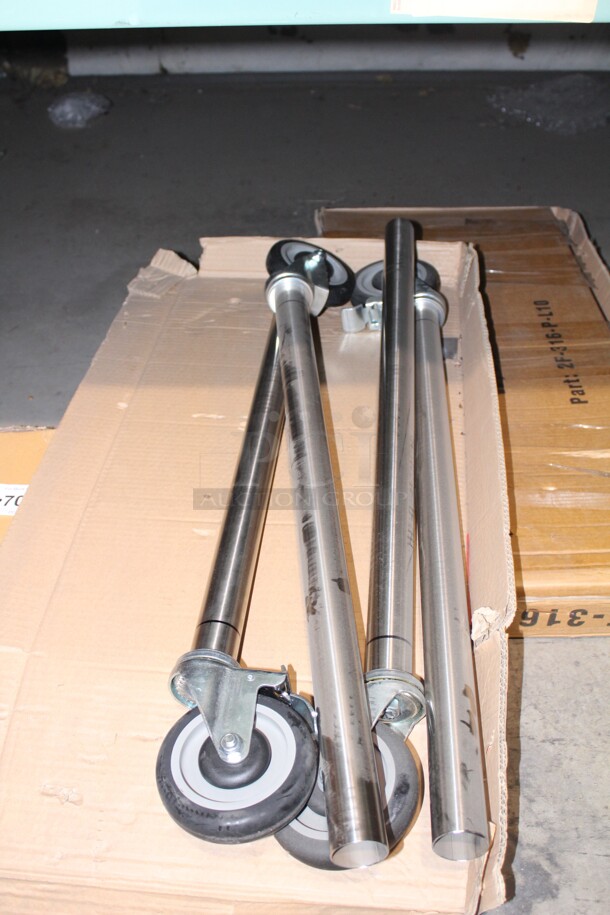 NEW! 4 Commercial Stainless Steel Legs With Casters. 5.5x1.5x34.5. 4X Your Bid!  - Image 2 of 2