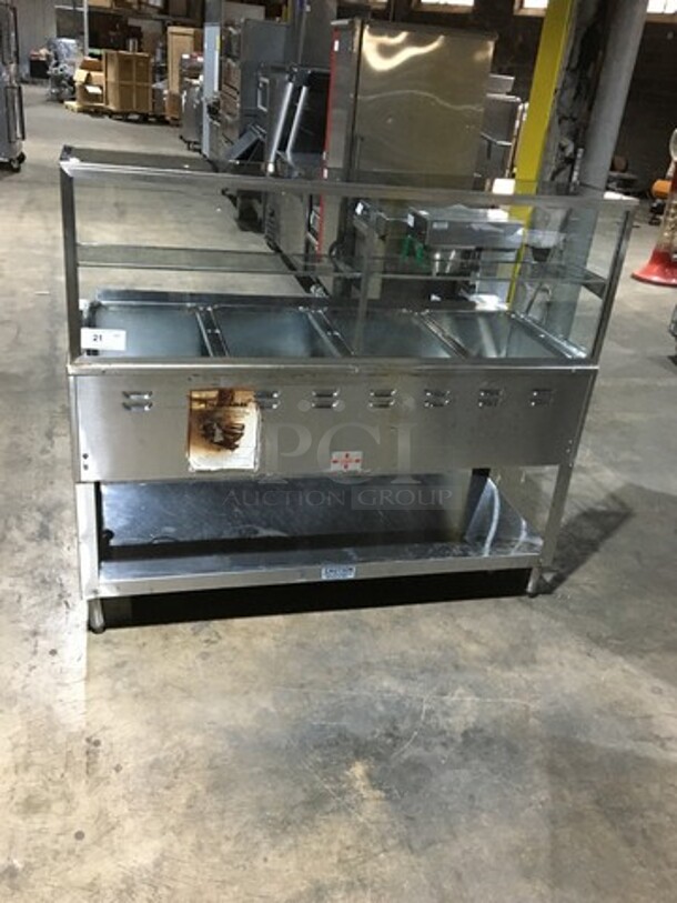 All Stainless Steel 4 Well Natural Gas Powered Commercial Steam Table! With Underneath Storage Space! With Overhead Serving Shelf! On Legs!