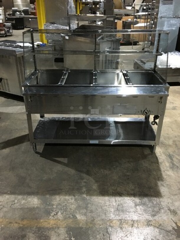 All Stainless Steel 4 Well Natural Gas Powered Commercial Steam Table! With Underneath Storage Space! With Overhead Serving Shelf! On Legs! - Image 4 of 10