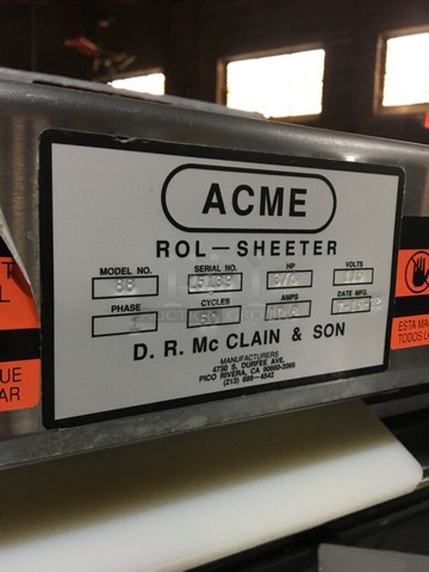 Acme Commercial Floor Style Heavy Duty Dough Sheeter! All Stainless Steel! Model 88 Serial 15139! 115V 1Phase! On Casters! - Image 8 of 12