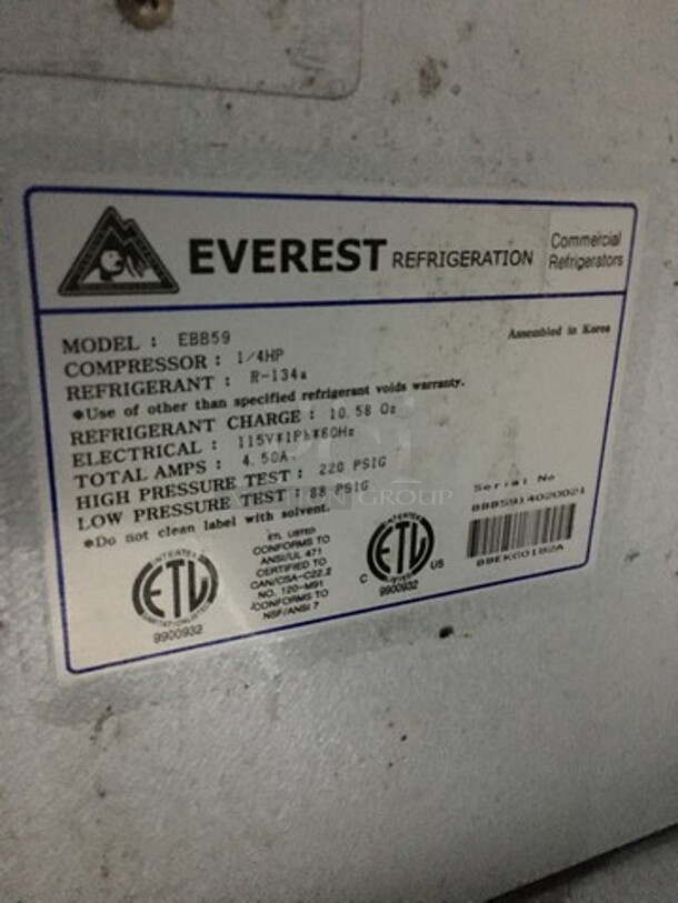 WOW! Everest Commercial Refrigerated Single Tap Kegerator! With Beer Tower! With 2 Door Underneath Storage Space! Model EBB59 Serial BBB5914020021! 115V 1 Phase! - Image 7 of 9