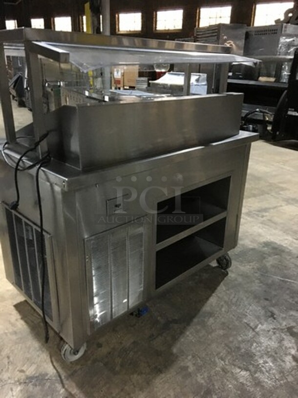 Delfield Commercial Cold Pan/Fresh Fish Display Case/Salad Bar Island/Sandwich Prep Combo! With Overhead Sneeze Guard! With 2 Storage Shelves! Model KCSC50NU! 115V 1Phase! On Casters!  - Image 4 of 10