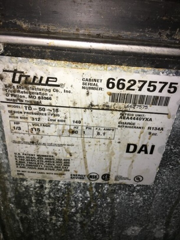 True Commercial Under The Counter Beer Bottle Cooler! With 2 Stainless Steel Sliding Top Doors! With Front Bottle Rail Attachment! Model TD5018 Serial 6627575! 115V 1Phase! - Image 7 of 8