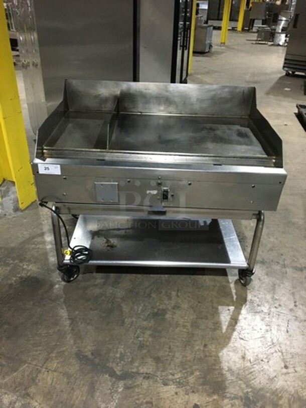 FAB! RARE FIND!  Wood Stone All Stainless Steel Commercial Natural Gas Powered 48 Inch Flat Griddle With Split! With Back & Side Splashes! On Stand! With Underneath Storage Space! All Stainless Steel! On Casters!
