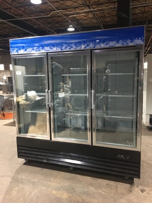 EQ Kitchen Line Commercial 3 Door Reach In Freezer Merchandiser! With Poly Coated Racks! Model SD19L3! 115V! On Commercial Casters!