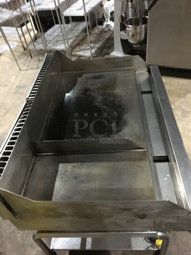 FAB! RARE FIND!  Wood Stone All Stainless Steel Commercial Natural Gas Powered 48 Inch Flat Griddle With Split! With Back & Side Splashes! On Stand! With Underneath Storage Space! All Stainless Steel! On Casters! - Image 5 of 9