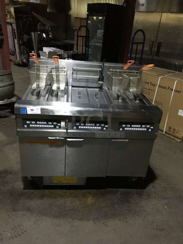 NICE! LATE MODEL! Frymaster Commercial Natural Gas Powered 3 Bay Deep Fat Fryer! With Oil Filter System! With 4 Metal Frying Baskets! With Backsplash! All Stainless Steel! Model BIGLA3306CSD Serial 1609RV0126! On Commercial Casters!