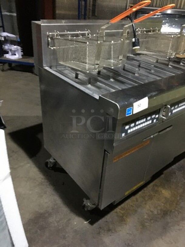 NICE! LATE MODEL! Frymaster Commercial Natural Gas Powered 3 Bay Deep Fat Fryer! With Oil Filter System! With 4 Metal Frying Baskets! With Backsplash! All Stainless Steel! Model BIGLA3306CSD Serial 1609RV0126! On Commercial Casters! - Image 2 of 12