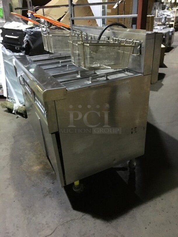 NICE! LATE MODEL! Frymaster Commercial Natural Gas Powered 3 Bay Deep Fat Fryer! With Oil Filter System! With 4 Metal Frying Baskets! With Backsplash! All Stainless Steel! Model BIGLA3306CSD Serial 1609RV0126! On Commercial Casters! - Image 3 of 12