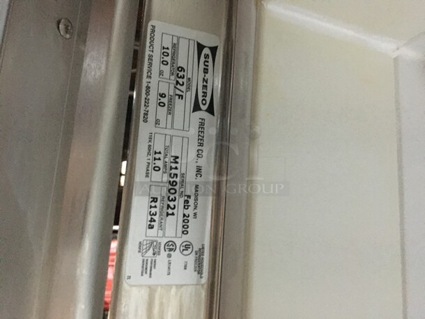 Sub-Zero 2 Door Reach In Side By Side Refrigerator & Freezer! Model 632F Serial M1590321!  - Image 9 of 10