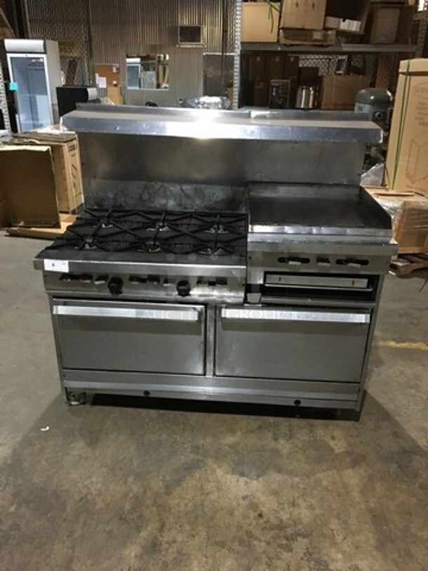 All Stainless Steel Commercial Natural Gas Powered 6 Burner Stove With Raised Flat Top Grill Combo! With Cheese Melter! With Double Full Size Oven Underneath! With Raised Backsplash And Salamander Shelf! On Commercial Casters!