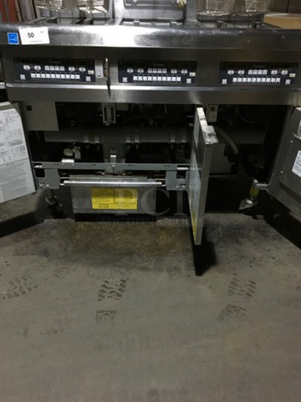 NICE! LATE MODEL! Frymaster Commercial Natural Gas Powered 3 Bay Deep Fat Fryer! With Oil Filter System! With 4 Metal Frying Baskets! With Backsplash! All Stainless Steel! Model BIGLA3306CSD Serial 1609RV0126! On Commercial Casters! - Image 7 of 12