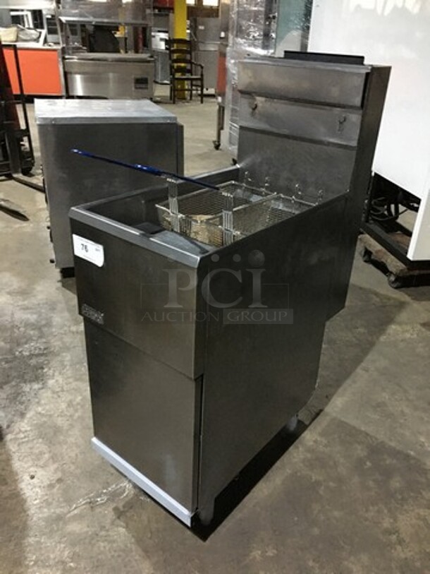 Pitco Natural Gas Powered 3 Burner Deep Fat Fryer! With 2 Metal Frying Baskets! With Backsplash! Model 40C+ Serial G14FA030253! On Legs! - Image 8 of 8