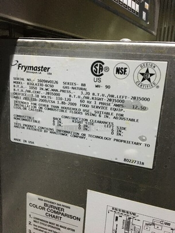 NICE! LATE MODEL! Frymaster Commercial Natural Gas Powered 3 Bay Deep Fat Fryer! With Oil Filter System! With 4 Metal Frying Baskets! With Backsplash! All Stainless Steel! Model BIGLA3306CSD Serial 1609RV0126! On Commercial Casters! - Image 10 of 12