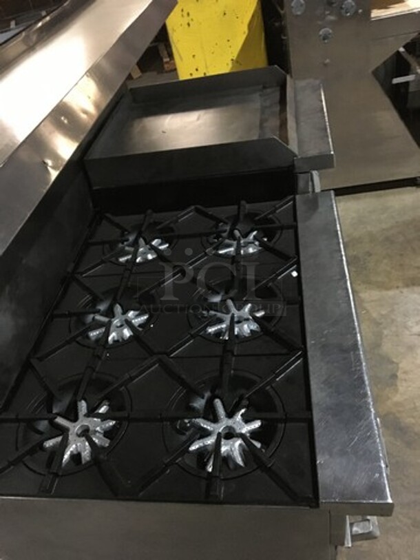 All Stainless Steel Commercial Natural Gas Powered 6 Burner Stove With Raised Flat Top Grill Combo! With Cheese Melter! With Double Full Size Oven Underneath! With Raised Backsplash And Salamander Shelf! On Commercial Casters! - Image 5 of 12