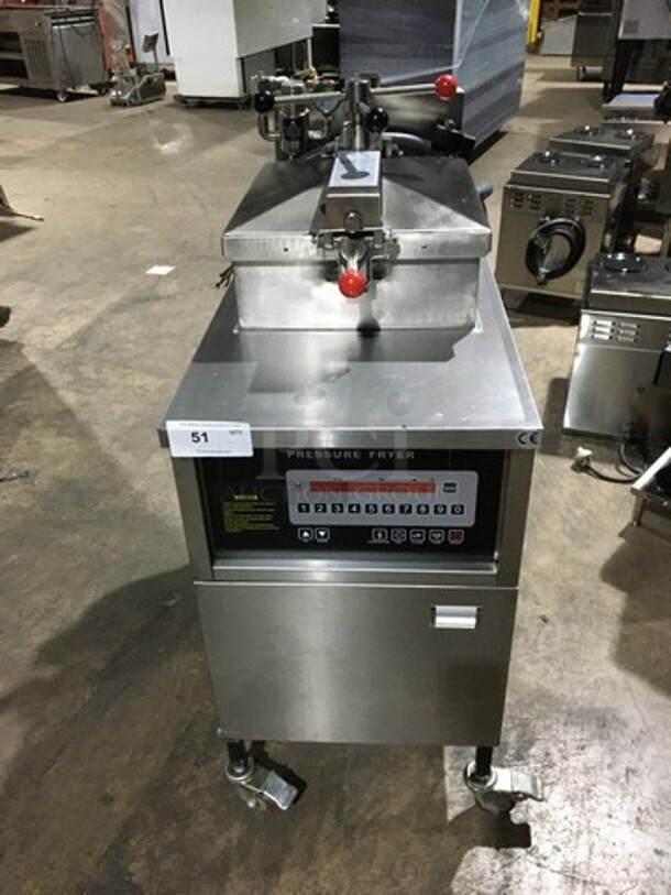 LATE MODEL! NEVER USED! 2019 Shineho Electric Powered Pressure Fryer! With Digital Touch Controls! With Oil Filter System! Model P007! All Stainless Steel! On Commercial Casters! 220V!