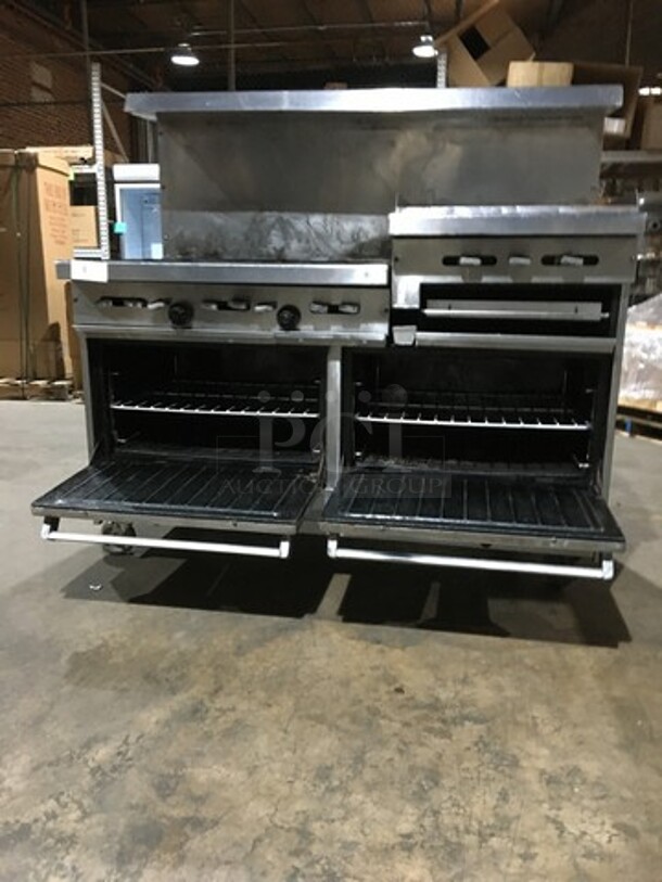 All Stainless Steel Commercial Natural Gas Powered 6 Burner Stove With Raised Flat Top Grill Combo! With Cheese Melter! With Double Full Size Oven Underneath! With Raised Backsplash And Salamander Shelf! On Commercial Casters! - Image 8 of 12
