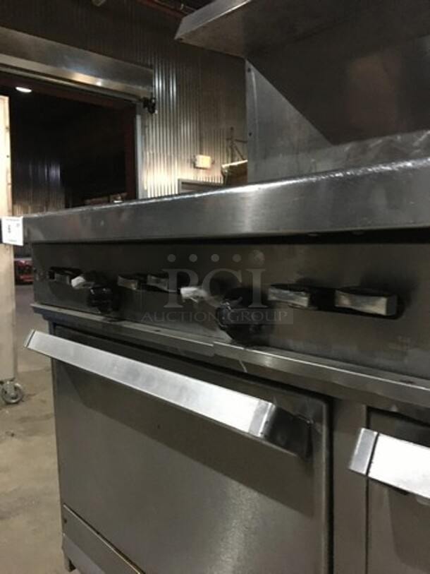 All Stainless Steel Commercial Natural Gas Powered 6 Burner Stove With Raised Flat Top Grill Combo! With Cheese Melter! With Double Full Size Oven Underneath! With Raised Backsplash And Salamander Shelf! On Commercial Casters! - Image 10 of 12