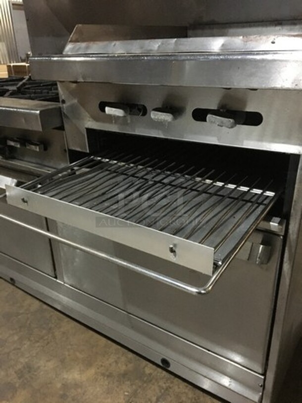 All Stainless Steel Commercial Natural Gas Powered 6 Burner Stove With Raised Flat Top Grill Combo! With Cheese Melter! With Double Full Size Oven Underneath! With Raised Backsplash And Salamander Shelf! On Commercial Casters! - Image 11 of 12