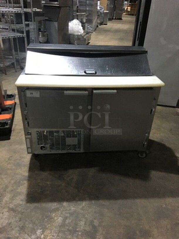 2012 Leader Commercial Refrigerated Sandwich Prep Table! With 2 Door Storage Space! With Commercial Cutting Board! All Stainless Steel! Model LM48SC Serial PV04S0305! On Casters!