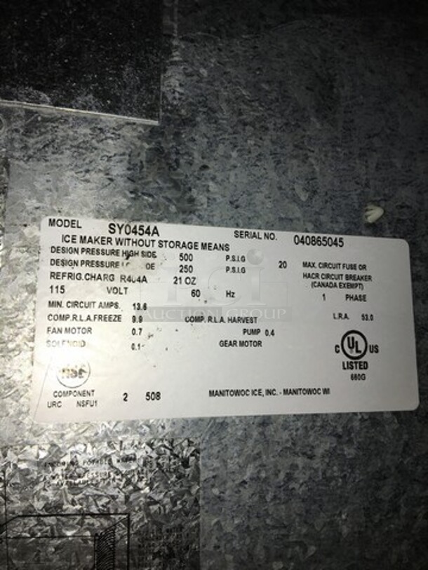 Manitowoc Commercial Ice Making Machine! With Ice Bin! All Stainless Steel Body! Model SY0454A Serial 040865045! 115V 1Phase! On Legs! 2 X Your Bid! Makes One Unit! - Image 5 of 10