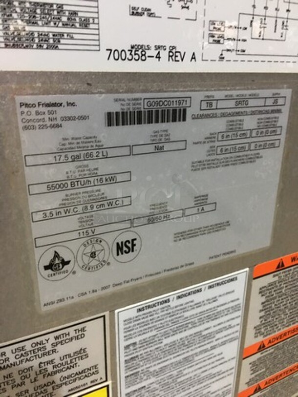 WOW! Pitco Dual Commercial Natural Gas Powered Pasta Cooker/Rethermalizer! With Metal Baskets! All Stainless Steel! Model SRTG Serial G09DC011971! On Commercial Casters! - Image 9 of 10