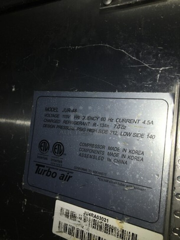 Turbo Air Commercial 2 Door Lowboy/Worktop Cooler! All Stainless Steel! Model JUR48 Serial JU4RA03021! 115V! On Casters! - Image 8 of 10