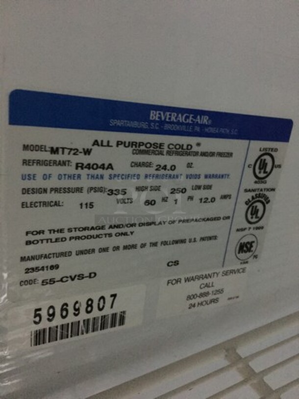 Beverage Air Commercial 3 Door Reach In Cooler Merchandiser! With Poly Coated Racks! Model MT72W Serial 5969807! 115V 1Phase! - Image 7 of 9
