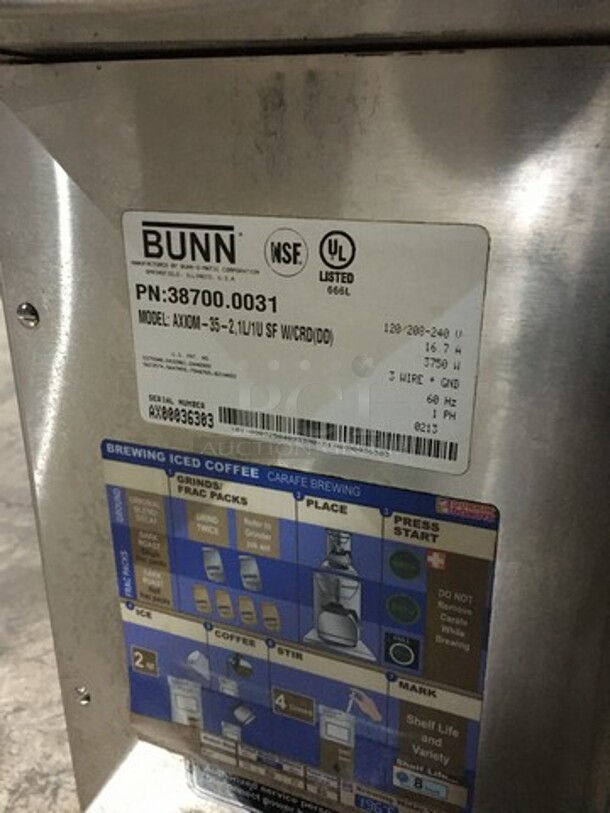 Bunn Commercial Countertop Coffee Brewing Machine! With 2 Coffee Pot Warming Stations! All Stainless Steel! Model AXIOM352 Serial AX00036303! 120/208/240V 1Phase! On Legs! - Image 8 of 9