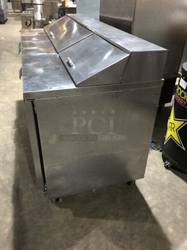 Beverage Air Commercial Refrigerated Sandwich Prep Table! With 3 Doors Underneath Storage Space! With Poly Coated Racks! All Stainless Steel! Model SPE7218 Serial 11010320! 115V 1Phase! On Casters! - Image 3 of 10