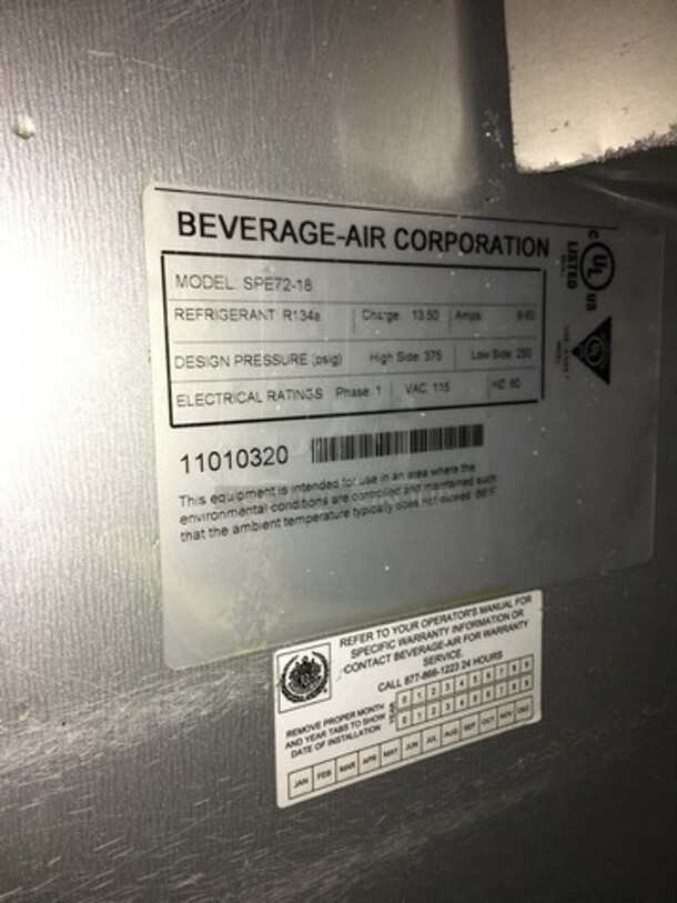 Beverage Air Commercial Refrigerated Sandwich Prep Table! With 3 Doors Underneath Storage Space! With Poly Coated Racks! All Stainless Steel! Model SPE7218 Serial 11010320! 115V 1Phase! On Casters! - Image 7 of 10
