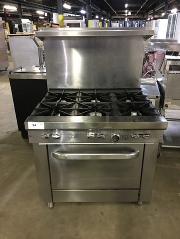 NICE! All Stainless Steel Natural Gas Powered 6 Burner Stove! With Full Size Oven Underneath! With Backsplash & Overhead Salamander Shelf! On Legs!