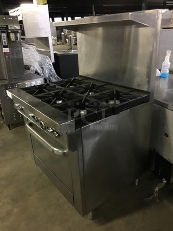 NICE! All Stainless Steel Natural Gas Powered 6 Burner Stove! With Full Size Oven Underneath! With Backsplash & Overhead Salamander Shelf! On Legs! - Image 2 of 12