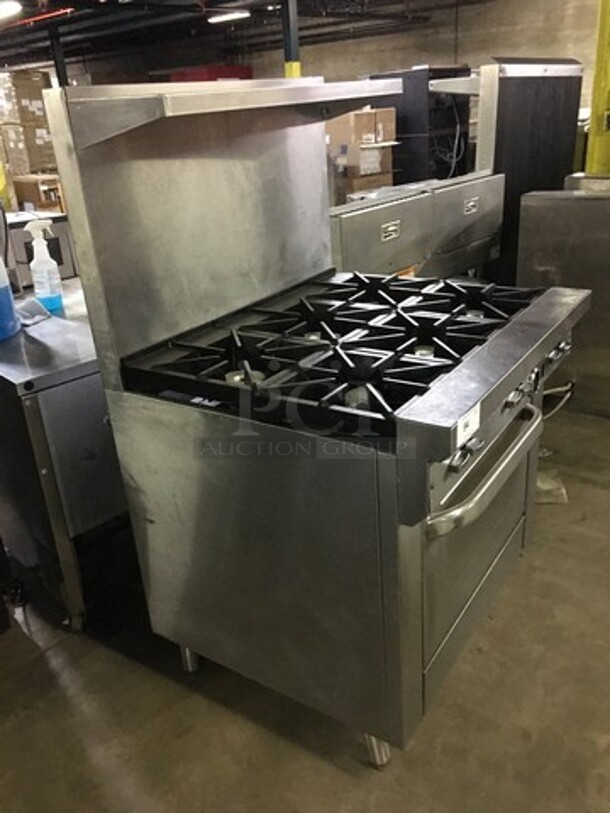NICE! All Stainless Steel Natural Gas Powered 6 Burner Stove! With Full Size Oven Underneath! With Backsplash & Overhead Salamander Shelf! On Legs! - Image 3 of 12