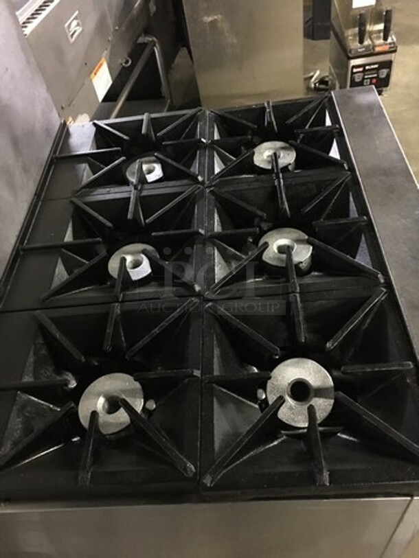 NICE! All Stainless Steel Natural Gas Powered 6 Burner Stove! With Full Size Oven Underneath! With Backsplash & Overhead Salamander Shelf! On Legs! - Image 5 of 12