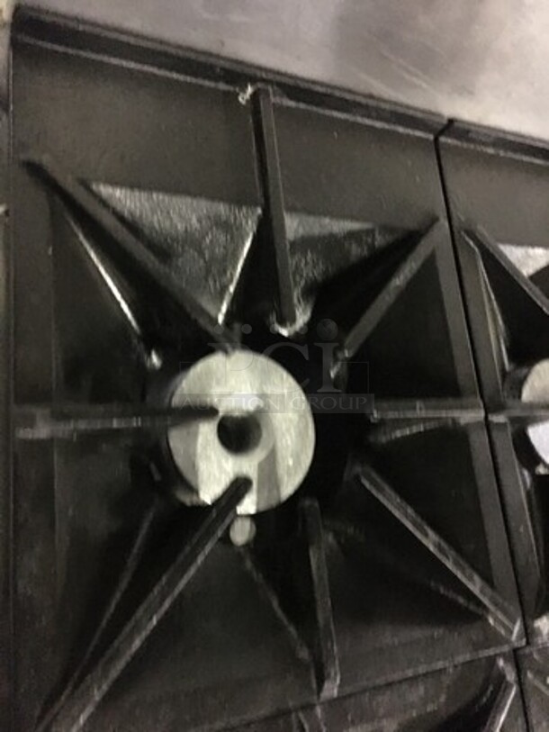 NICE! All Stainless Steel Natural Gas Powered 6 Burner Stove! With Full Size Oven Underneath! With Backsplash & Overhead Salamander Shelf! On Legs! - Image 6 of 12