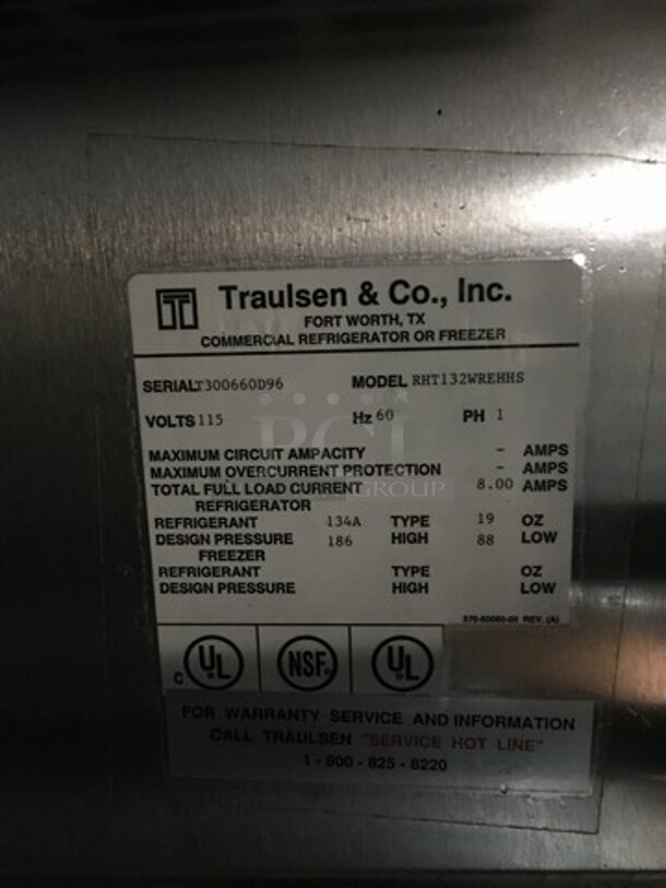 Traulsen Commercial Reach In Refrigerator! With 2 Half Doors! All Stainless Steel! Model RHT132WREHHS Serial 300660d96! 115V 1Phase! On Casters! - Image 8 of 10
