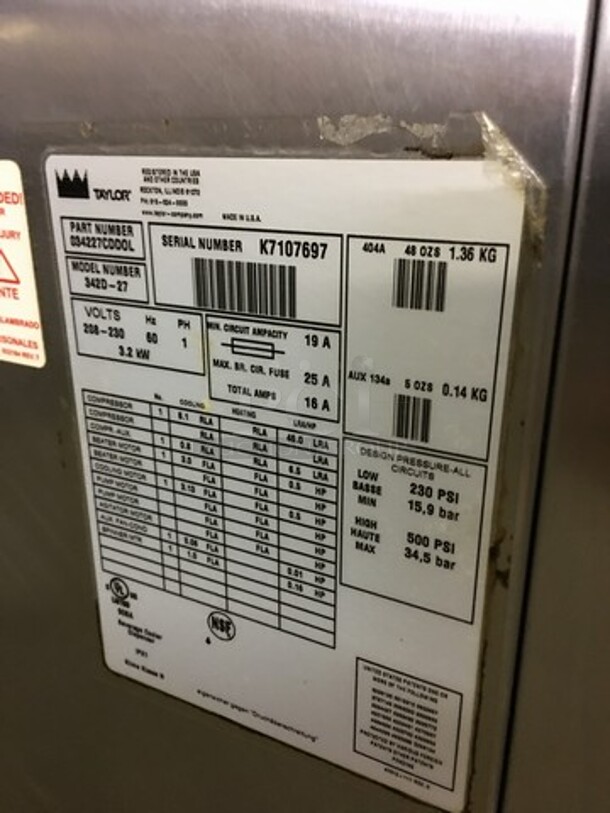 Taylor Commercial Floor Style 2 Flavor Frosty/Coolatta/Slushie Making Machine! With Milkshake Mixing Attachment! All Stainless Steel! Model 342D27 Serial K7107697! 208/230V 1Phase! On Commercial Casters! - Image 11 of 12