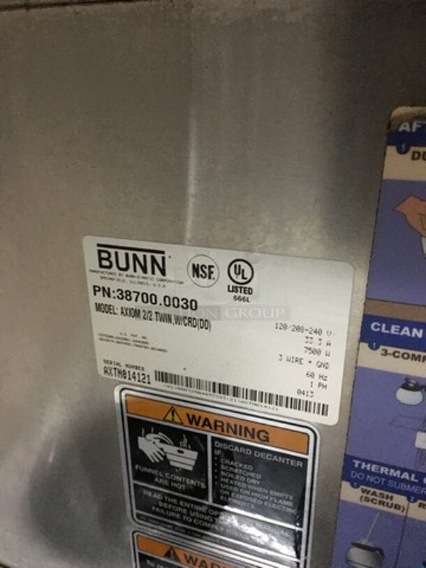 Bunn Commercial Countertop Dual Coffee Brewing Machine! Axiom Series! With 4 Coffee Pot Warming Stations! All Stainless Steel! Model AXIOM2/2TWIN Serial AXTN014121! 120/208/240V! 1Phase! On Legs! - Image 7 of 9