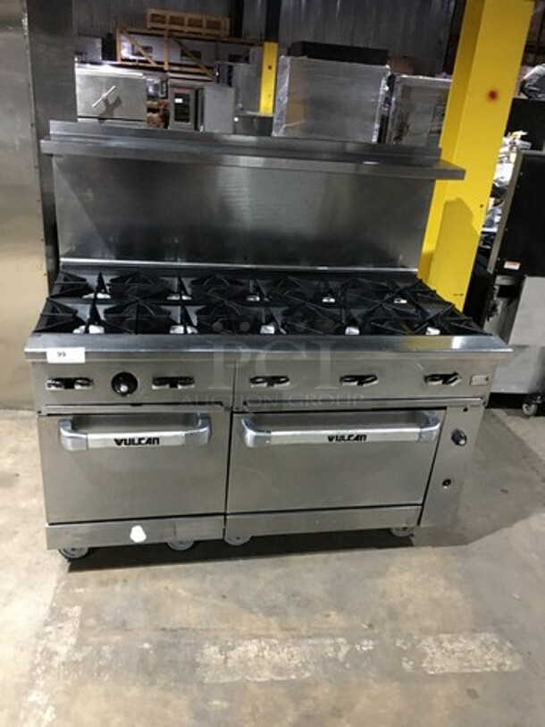 Beautiful! Vulcan Commercial Natural Gas Powered 10 Burner Stove! With 2 Ovens Underneath! With Backsplash& Overhead Salamander Shelf! All Stainless Steel! On Casters!