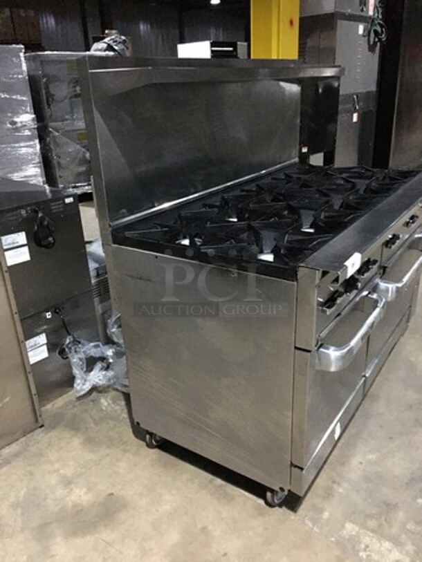 Beautiful! Vulcan Commercial Natural Gas Powered 10 Burner Stove! With 2 Ovens Underneath! With Backsplash& Overhead Salamander Shelf! All Stainless Steel! On Casters! - Image 2 of 12
