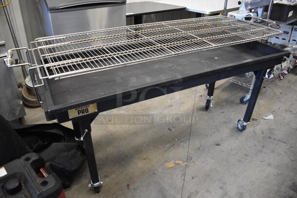Backyard Pro Metal Commercial Portable Catering Charbroiler Grill w/ Tarp on Commercial Casters. 72x24x35