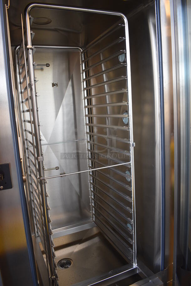 BRAND NEW! GORGEOUS! 2006 Eloma Model Genius 20-21 Stainless Steel Commercial Floor Style Electric Powered Combi Steamer Convection Oven w/ Metal Pan Rack on Commercial Casters. 208 Volts, 3 Phase. 51.5x45x76 - Image 6 of 8