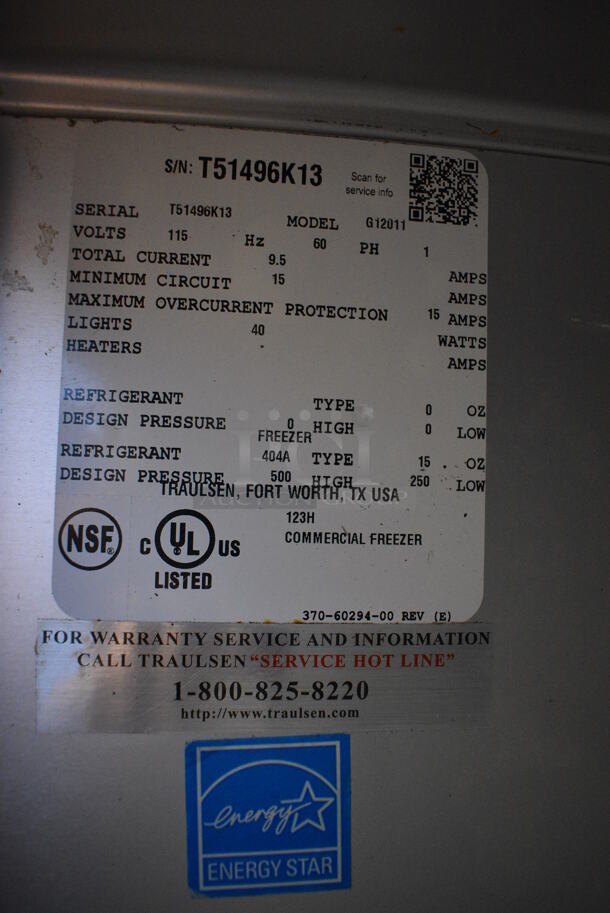 NICE! Traulsen Model G12011 ENERGY STAR Stainless Steel Commercial Single Door Reach In Freezer on Commercial Casters. 115 Volts, 1 Phase. 30x34x83. Tested and Powers On But Does Not Get Cold - Image 5 of 5