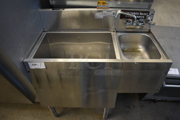 Krowne Stainless Steel Commercial Ice Bin w/ Right Side Sink Basin, Faucet and Handles. 1 Leg Needs Reattached. 36x19x37