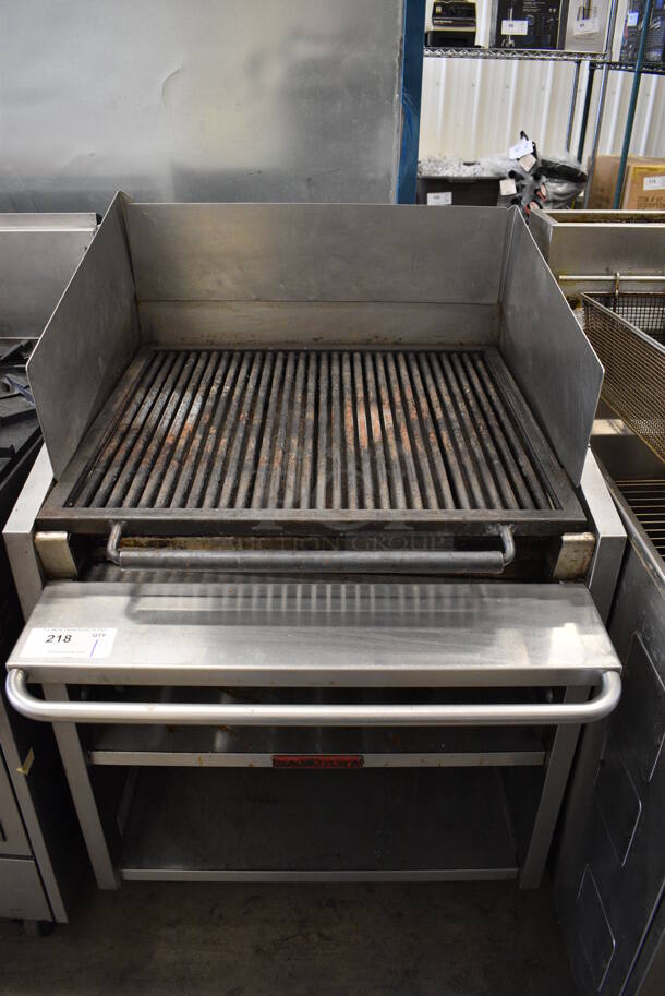 GREAT! MagiKitch'n Model M630 Stainless Steel Commercial Natural Gas Powered Charbroiler Grill w/ Metal Undershelf on Commercial Casters. 15,000 BTU. 30x36x47