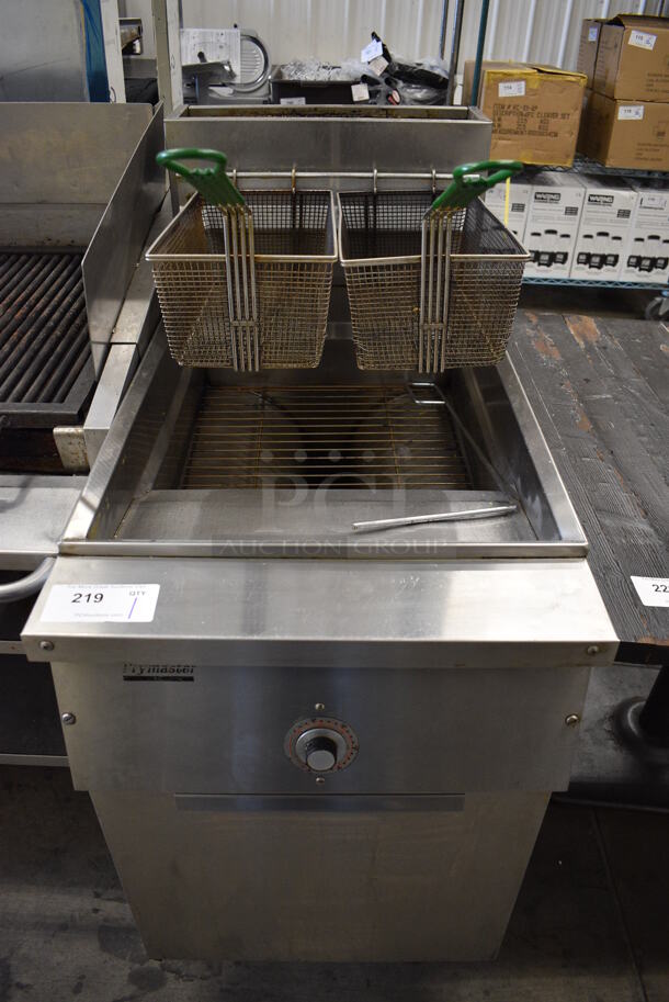 WOW! Frymaster Model MJCESG Stainless Steel Commercial Floor Style Natural Gas Powered Deep Fat Fryer w/ 2 Metal Fry Baskets. 150,000 BTU. 21x30x46