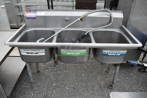 Stainless Steel Commercial 3 Bay Sink w/ Faucet and Spray Nozzle Attachment. 57x24x40. Bays 16x19x10