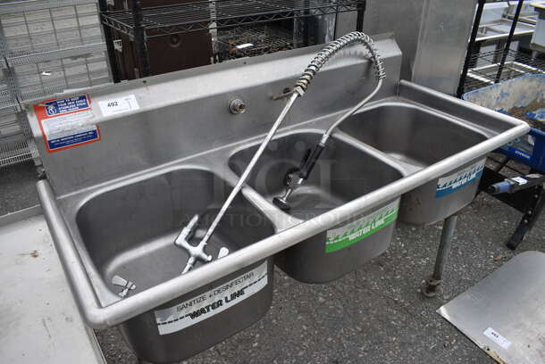 Stainless Steel Commercial 3 Bay Sink w/ Faucet and Spray Nozzle Attachment. 57x24x40. Bays 16x19x10 - Image 2 of 3